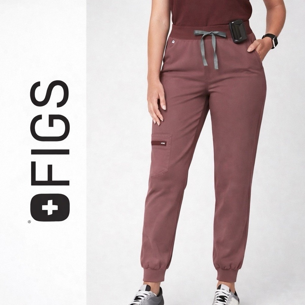 Figs Women's Jogger Track Pants in Dusty Rose with Gray Drawstring